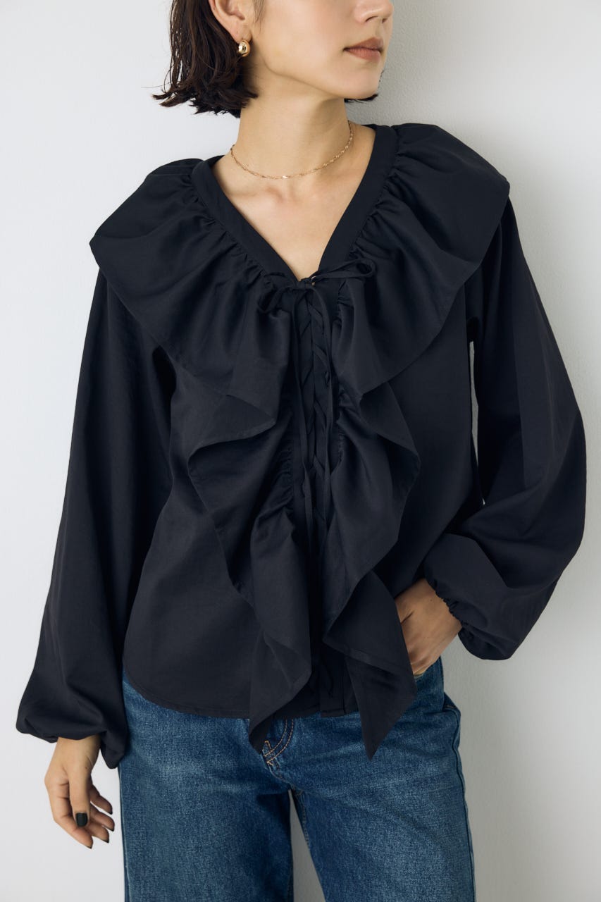 レースアップラッフルブラウス BLK FREE