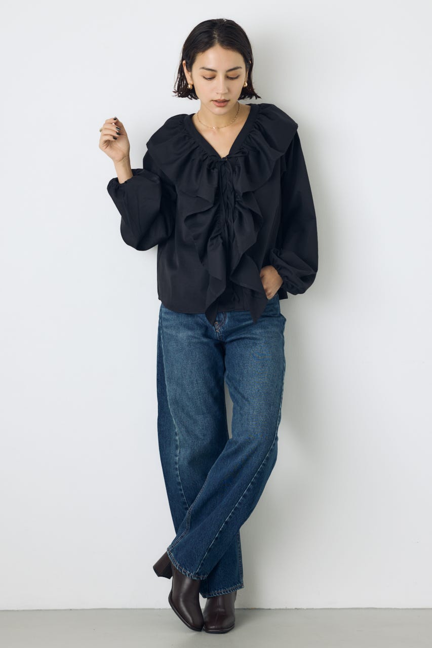 レースアップラッフルブラウス BLK FREE