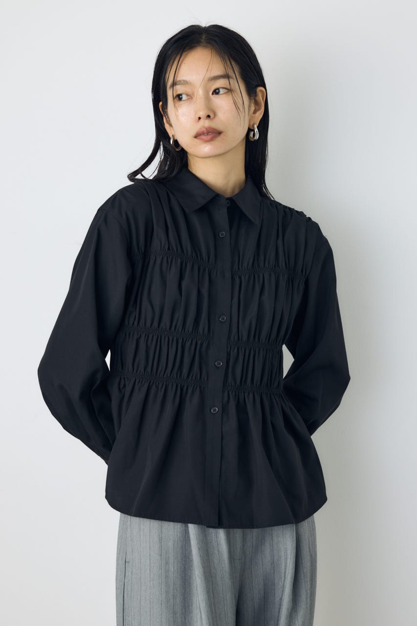シャーリングデザイン長袖シャツ BLK FREE