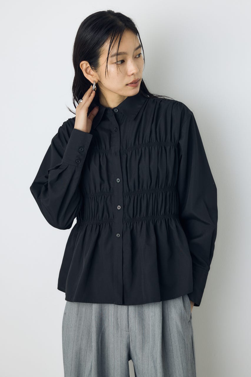 シャーリングデザイン長袖シャツ BLK FREE