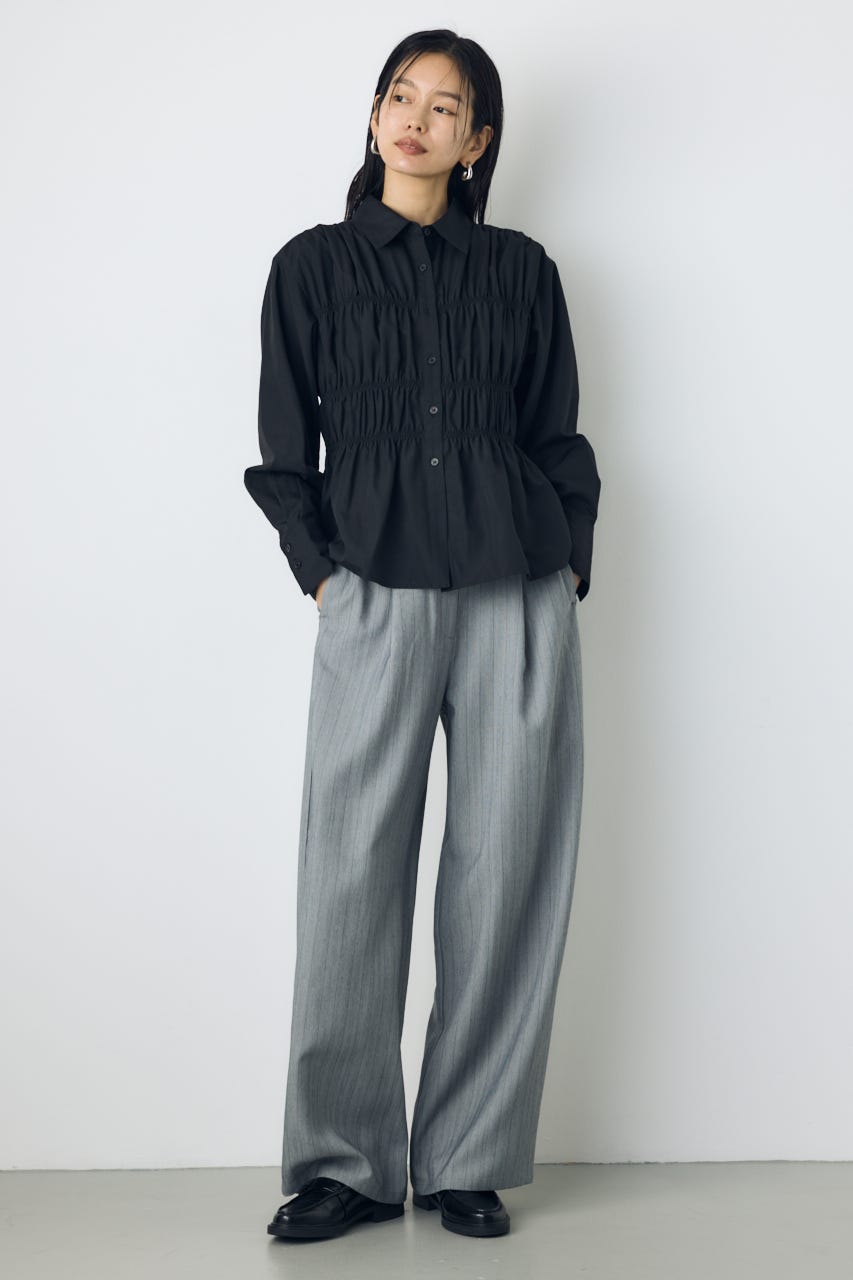 シャーリングデザイン長袖シャツ BLK FREE