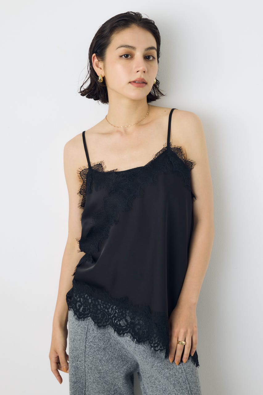 【着丈バリエ】レースサテンアシメキャミソール BLK S