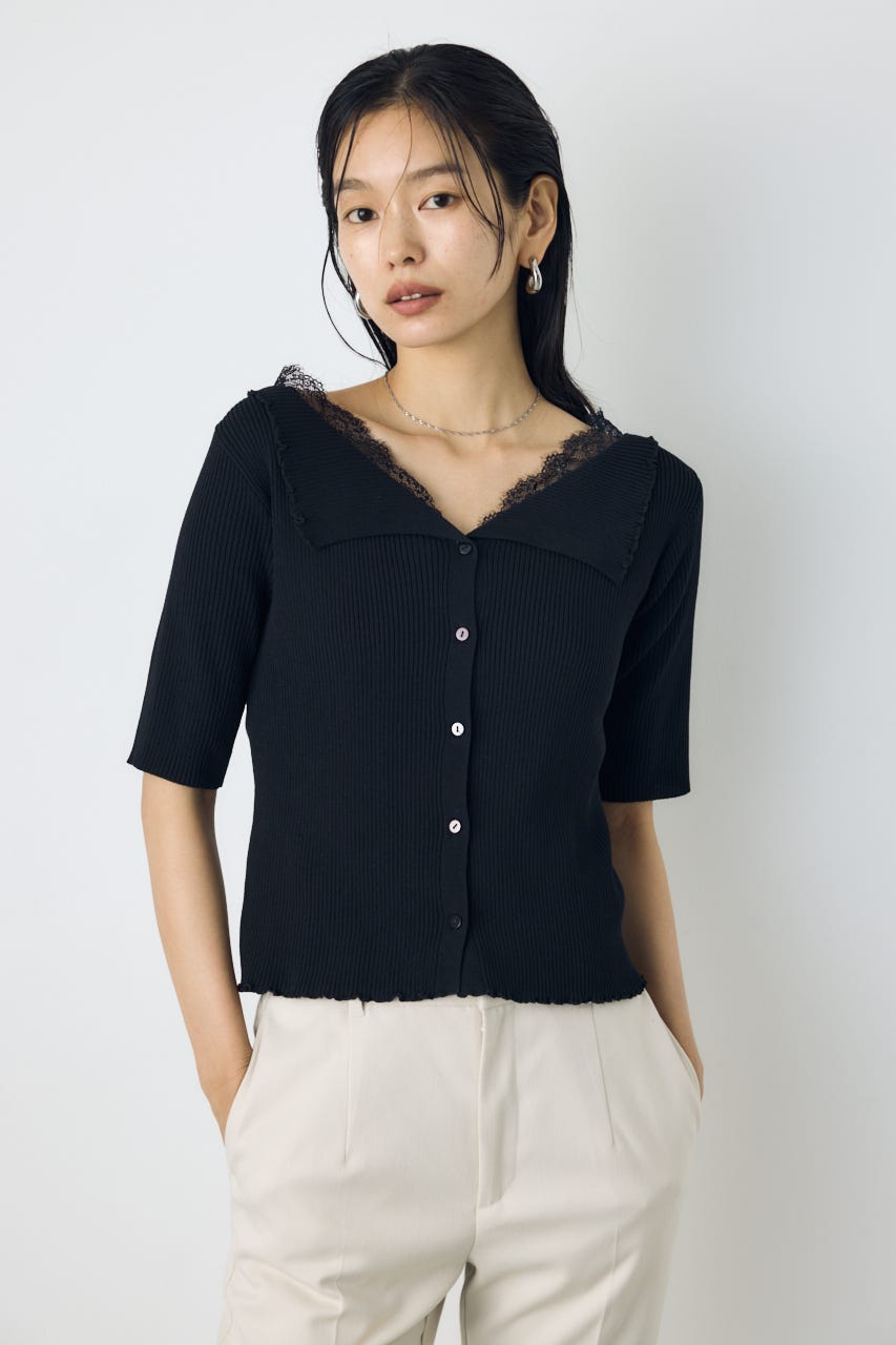 ネックレース5分袖ニットトップス BLK FREE
