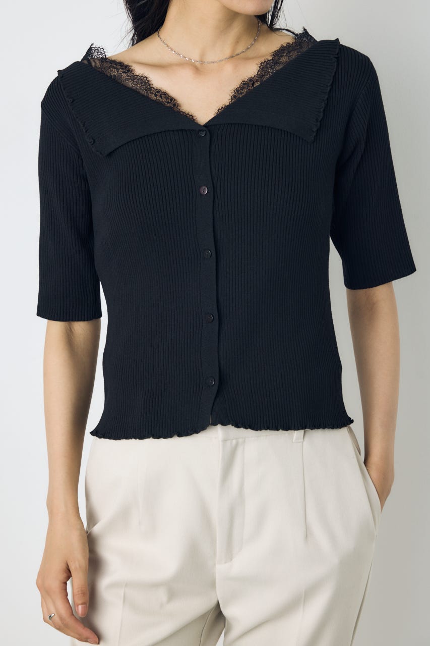 ネックレース5分袖ニットトップス BLK FREE