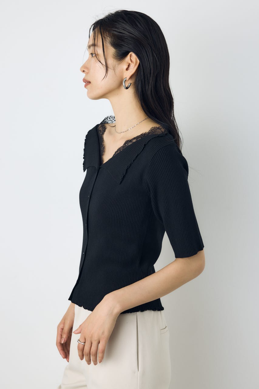 ネックレース5分袖ニットトップス BLK FREE