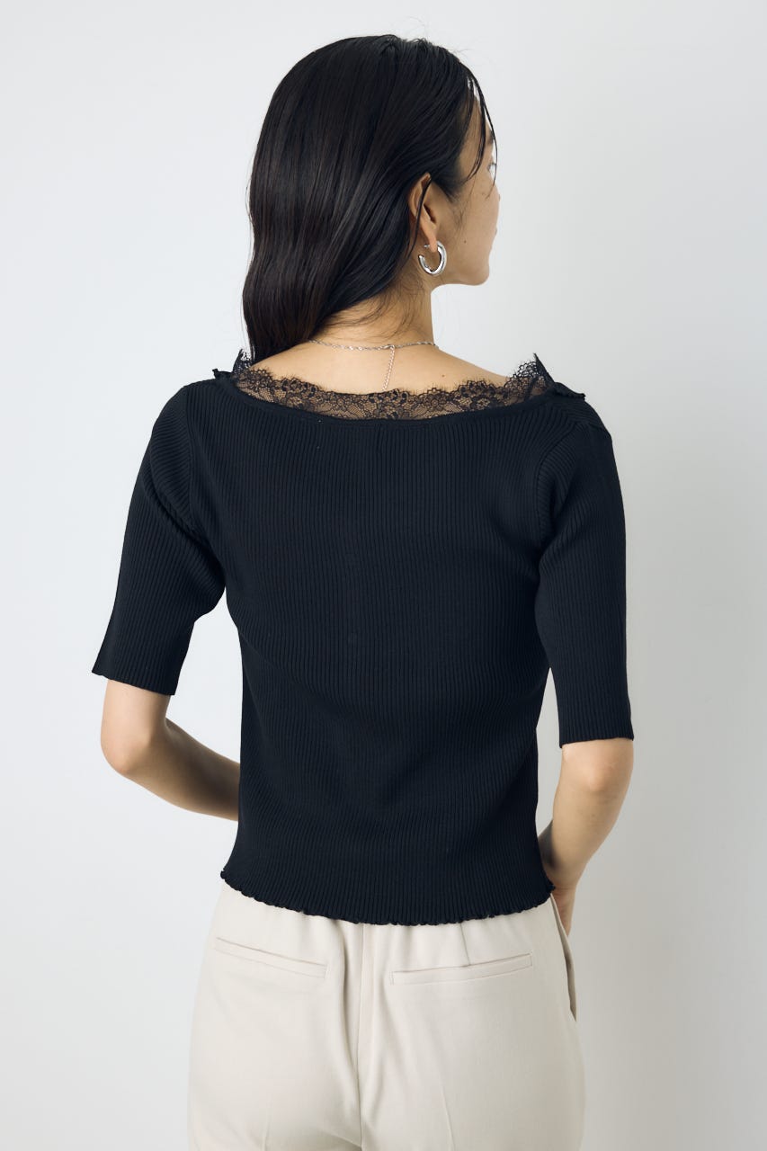 ネックレース5分袖ニットトップス BLK FREE