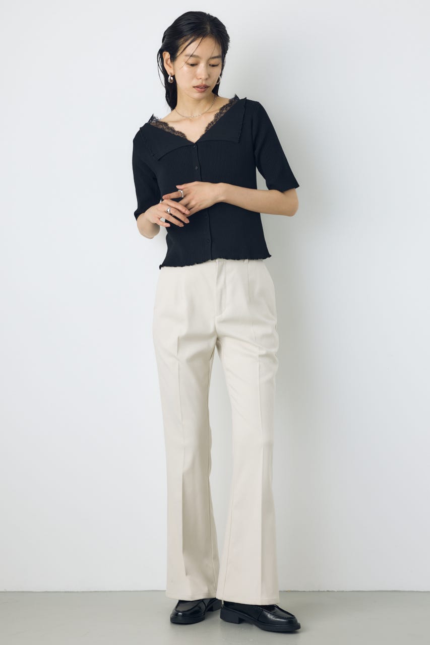 ネックレース5分袖ニットトップス BLK FREE