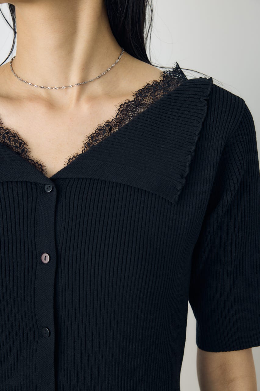 ネックレース5分袖ニットトップス BLK FREE