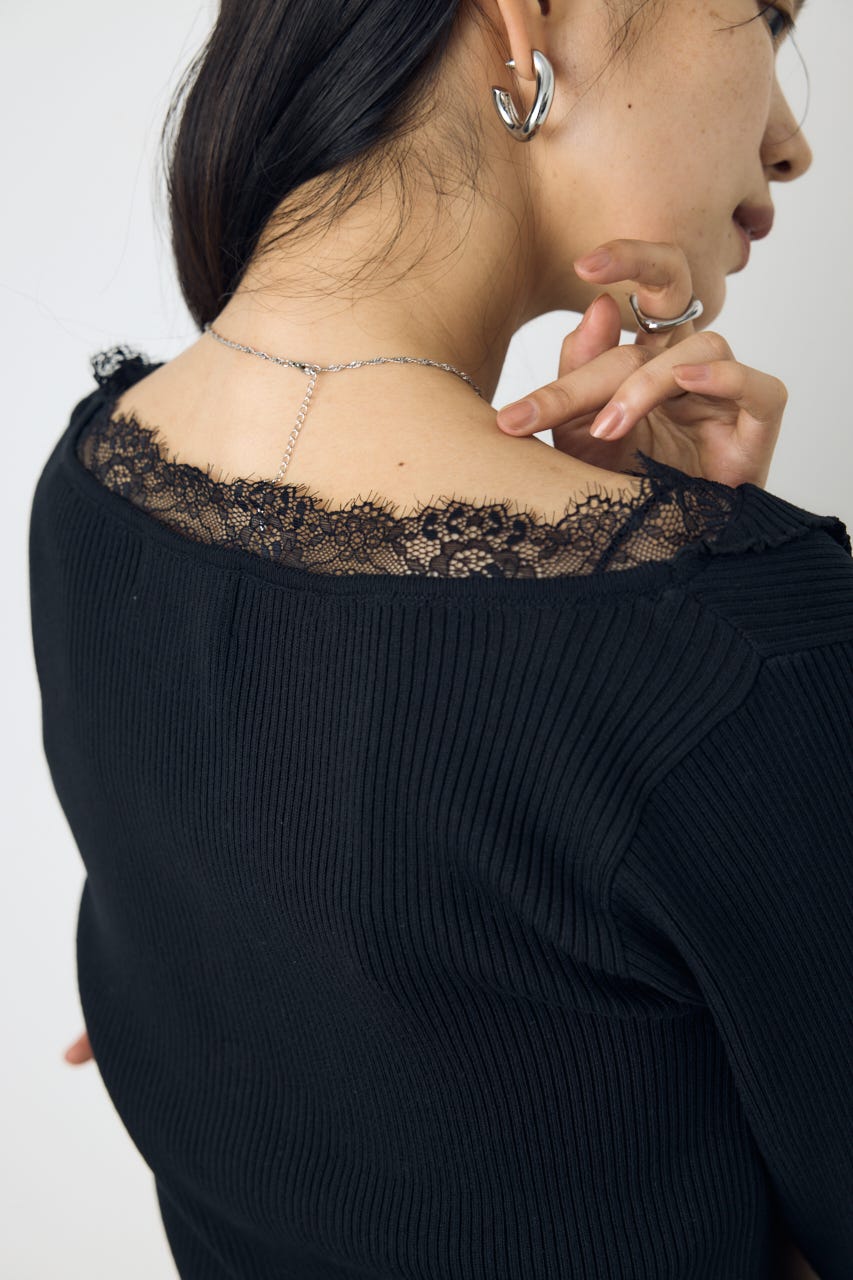 ネックレース5分袖ニットトップス BLK FREE