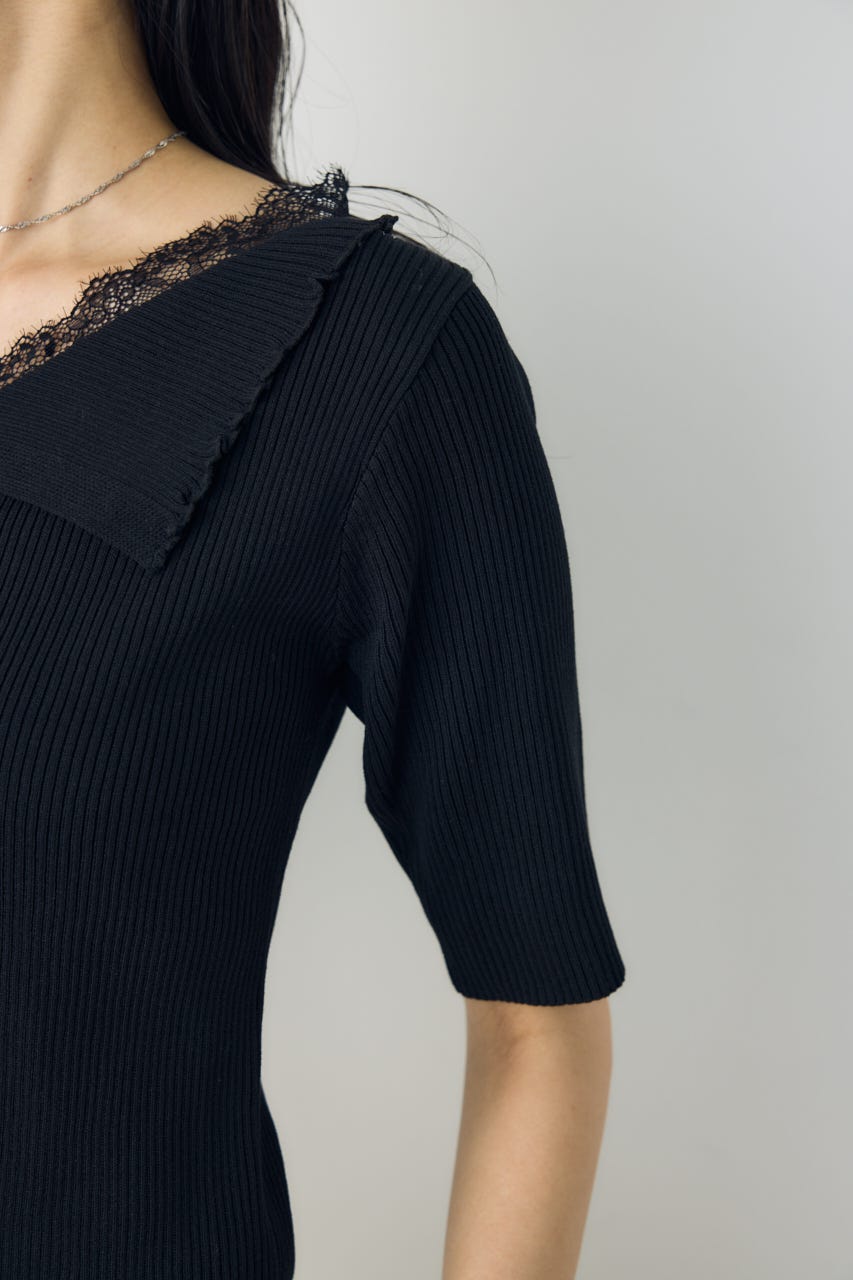 ネックレース5分袖ニットトップス BLK FREE