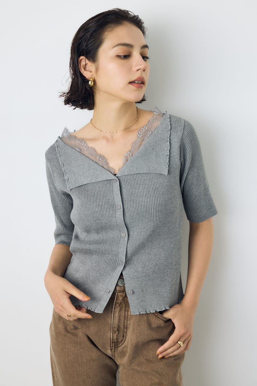 ネックレース5分袖ニットトップス T.GRY FREE
