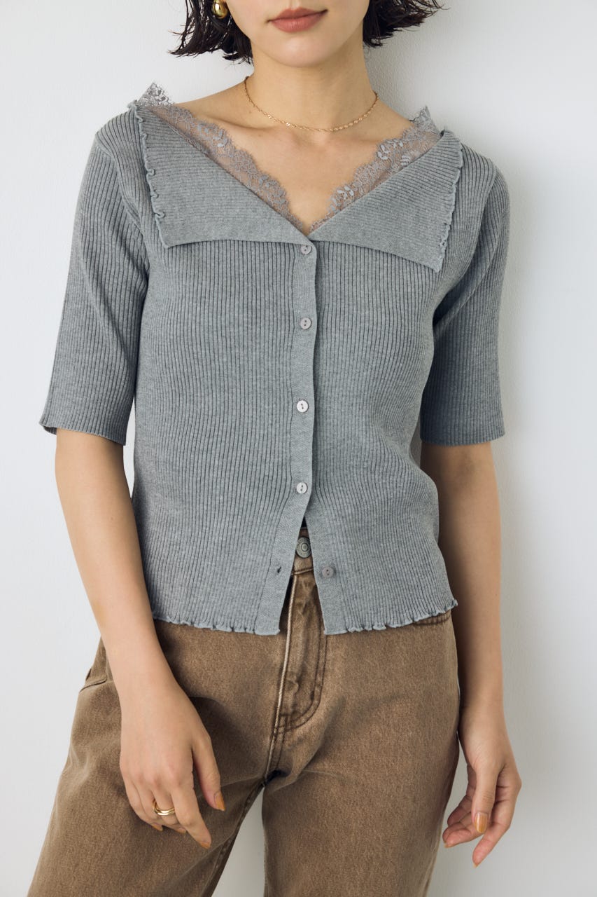 ネックレース5分袖ニットトップス T.GRY FREE