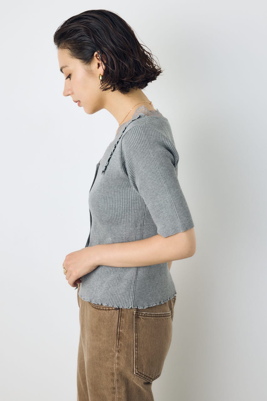 ネックレース5分袖ニットトップス T.GRY FREE