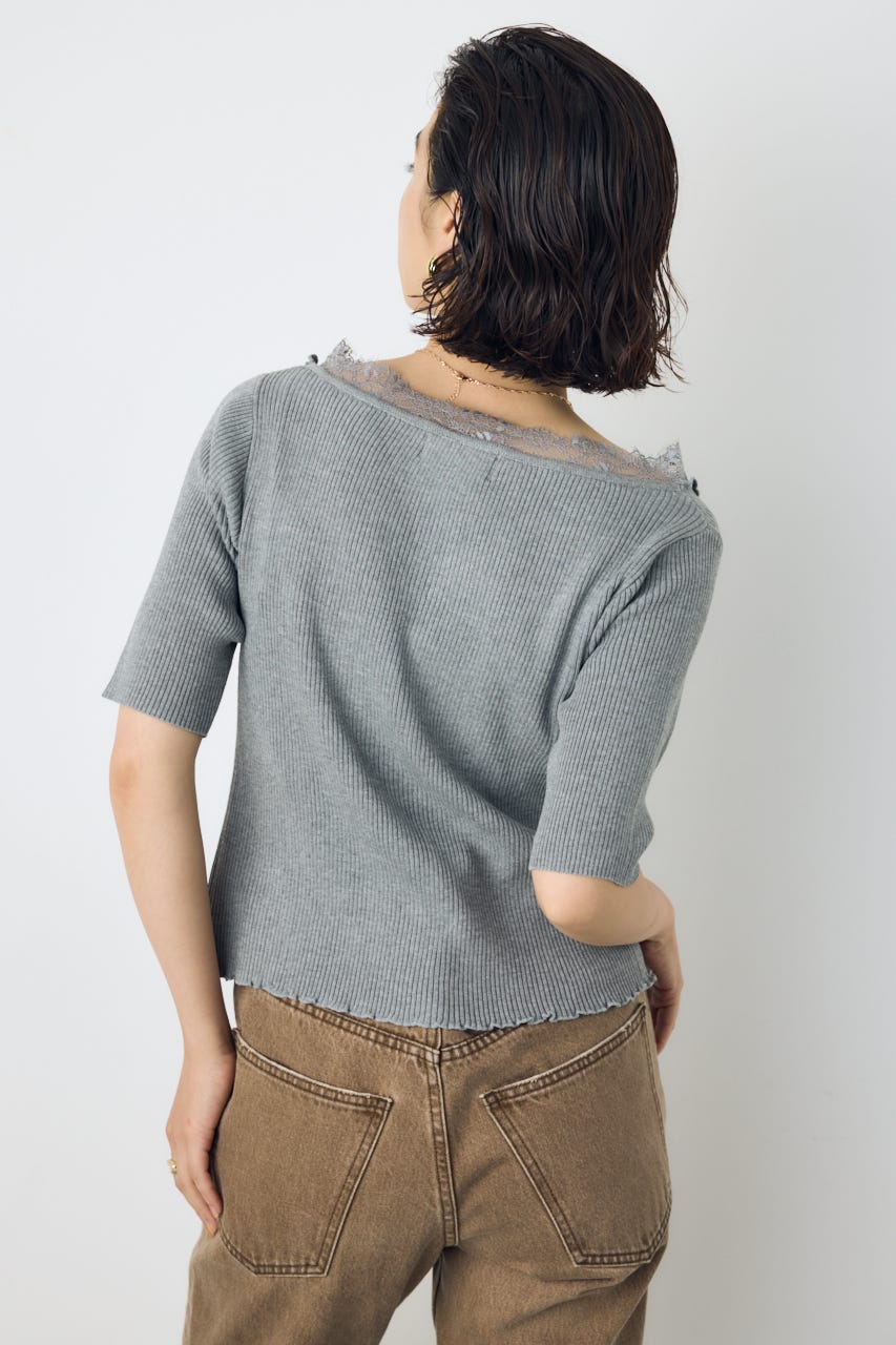ネックレース5分袖ニットトップス T.GRY FREE