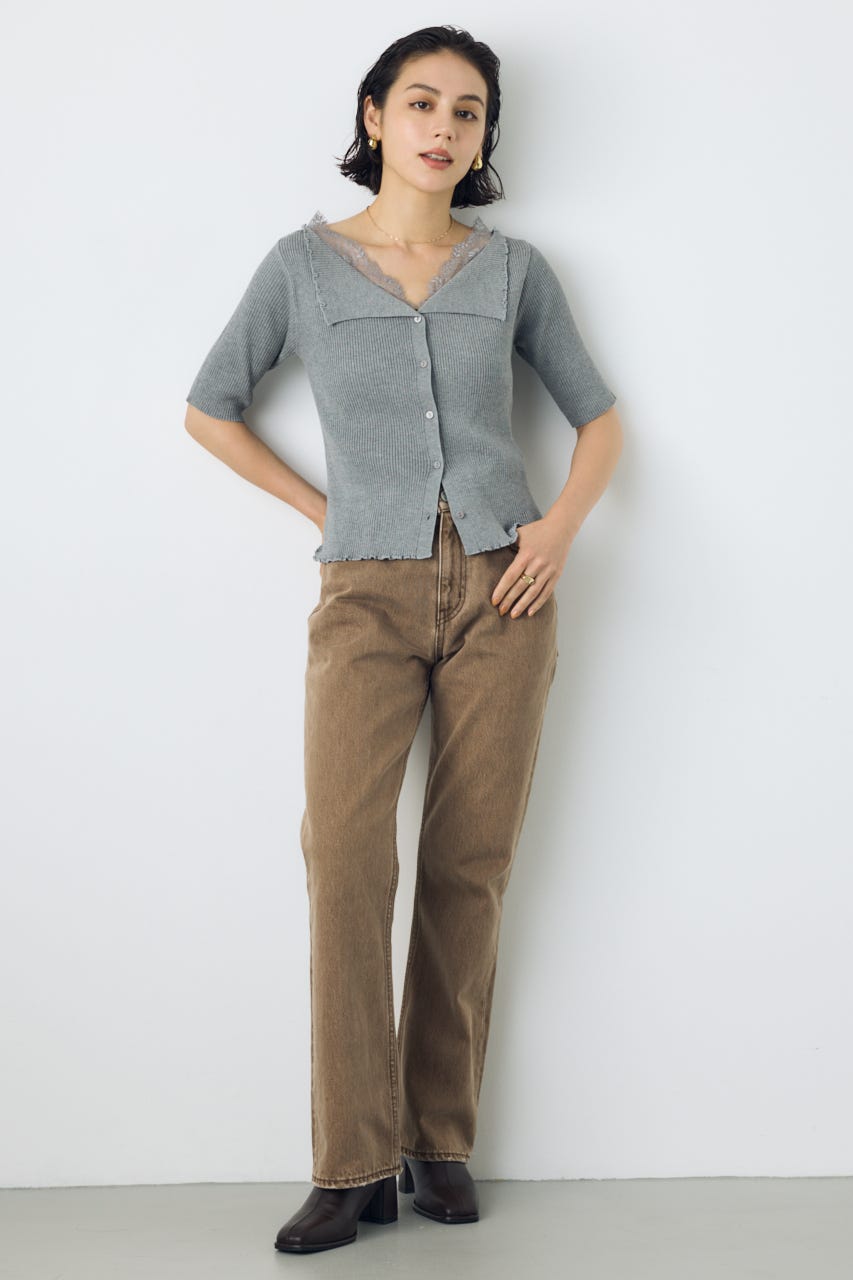 ネックレース5分袖ニットトップス T.GRY FREE