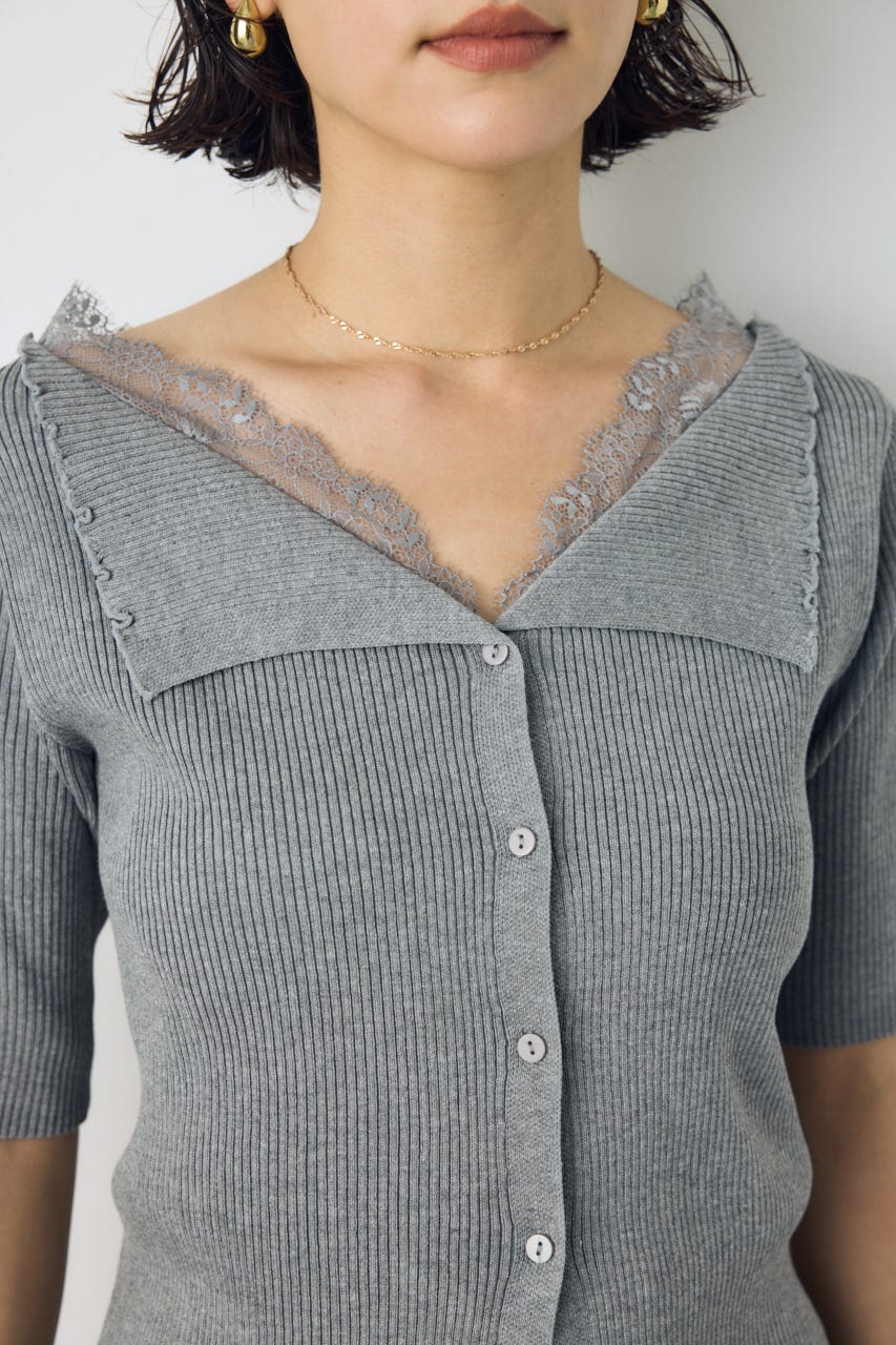ネックレース5分袖ニットトップス T.GRY FREE