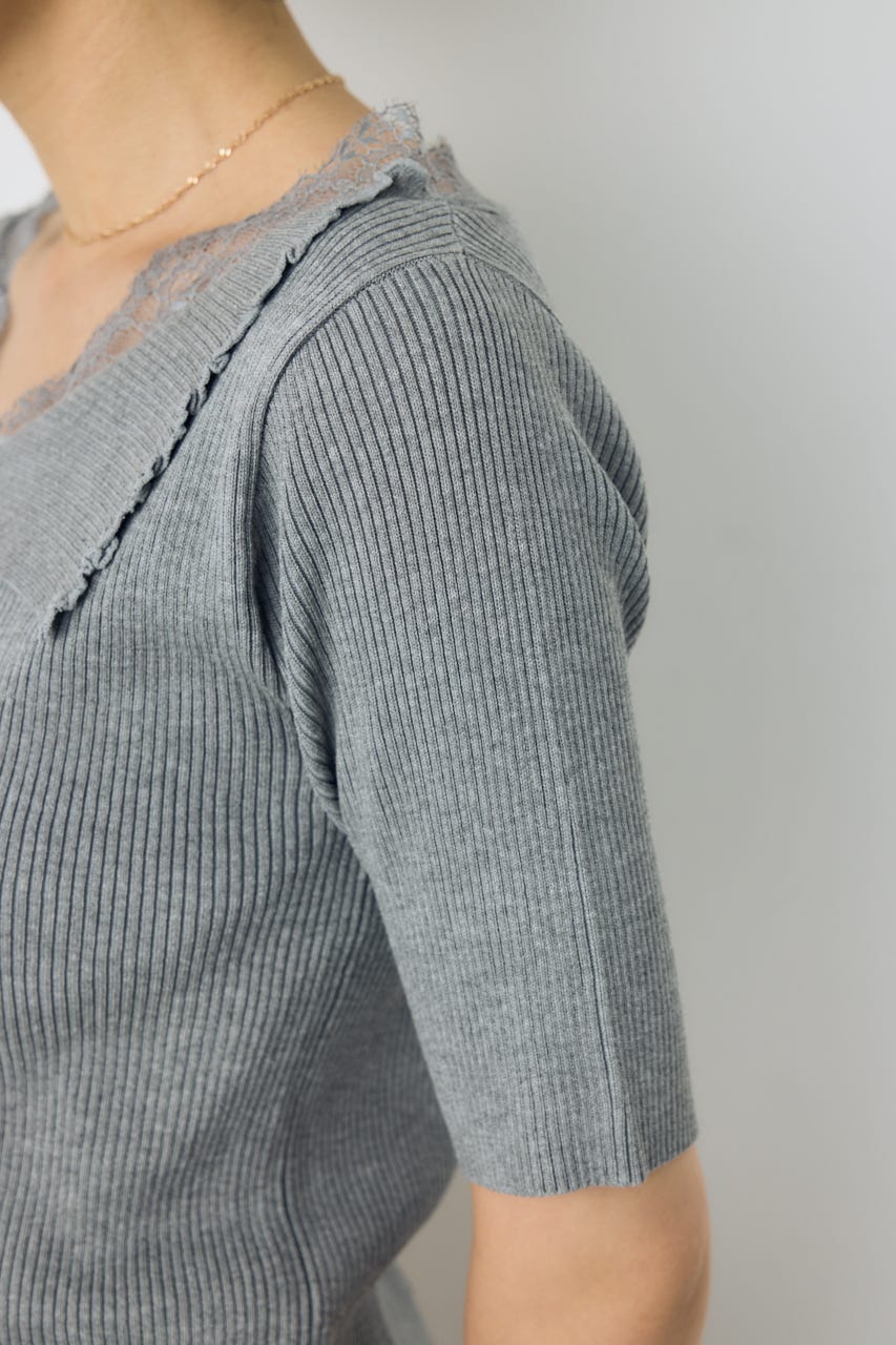 ネックレース5分袖ニットトップス T.GRY FREE