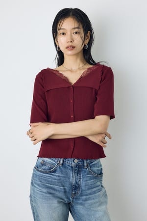 ネックレース5分袖ニットトップス