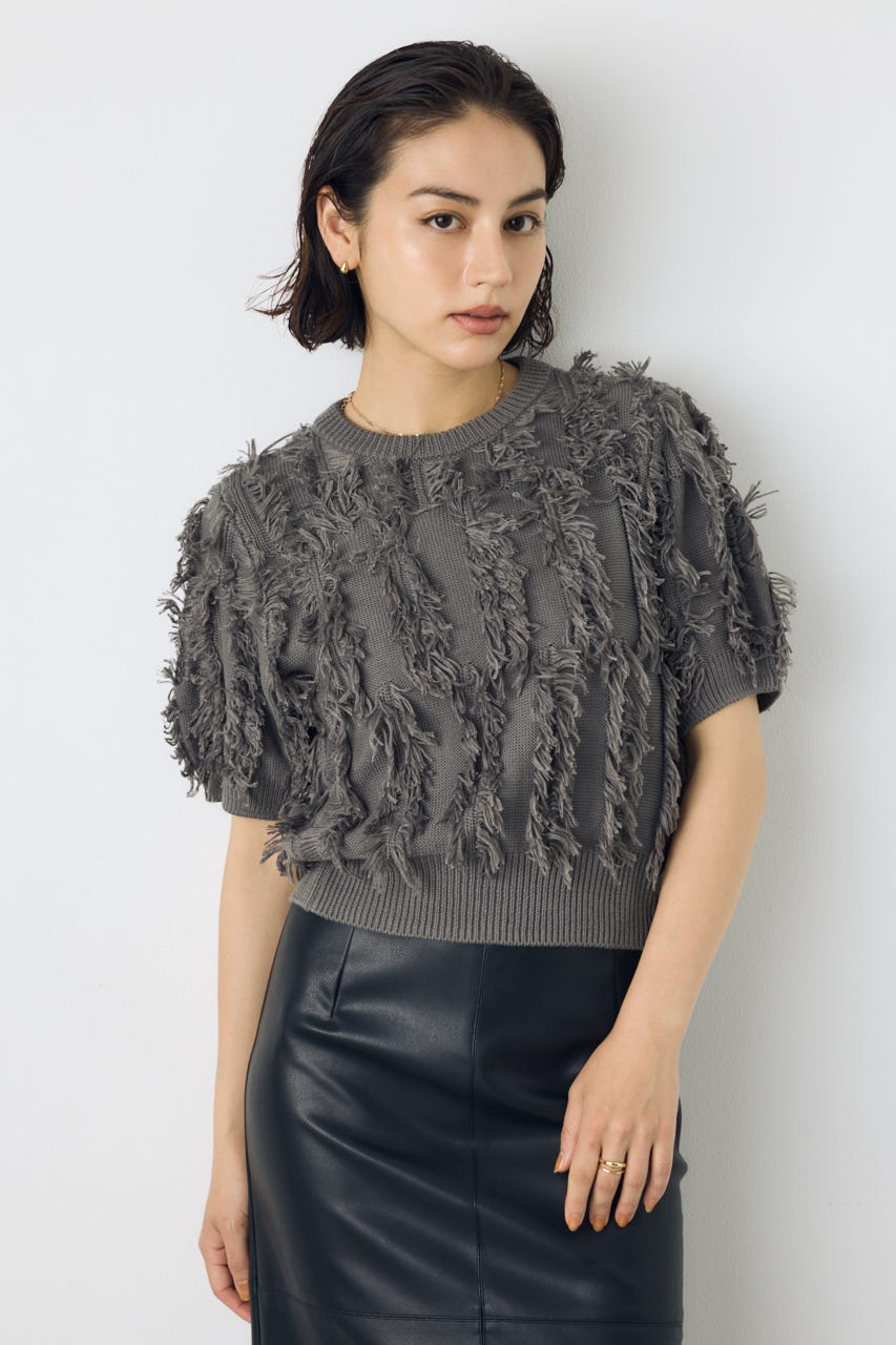 フリンジデザイン5分袖ニットトップス L/GRY FREE