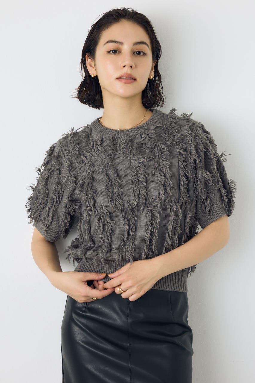 フリンジデザイン5分袖ニットトップス L/GRY FREE