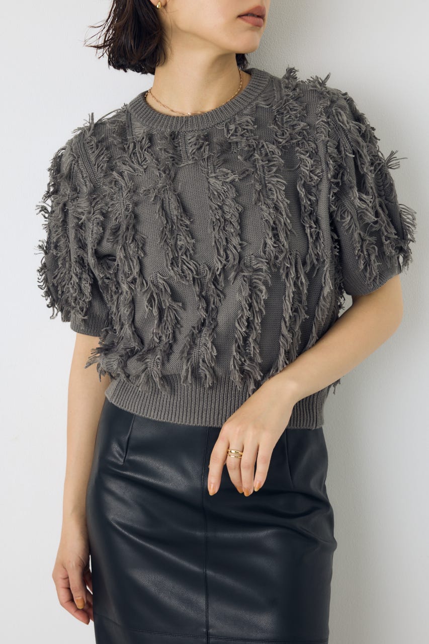 フリンジデザイン5分袖ニットトップス L/GRY FREE