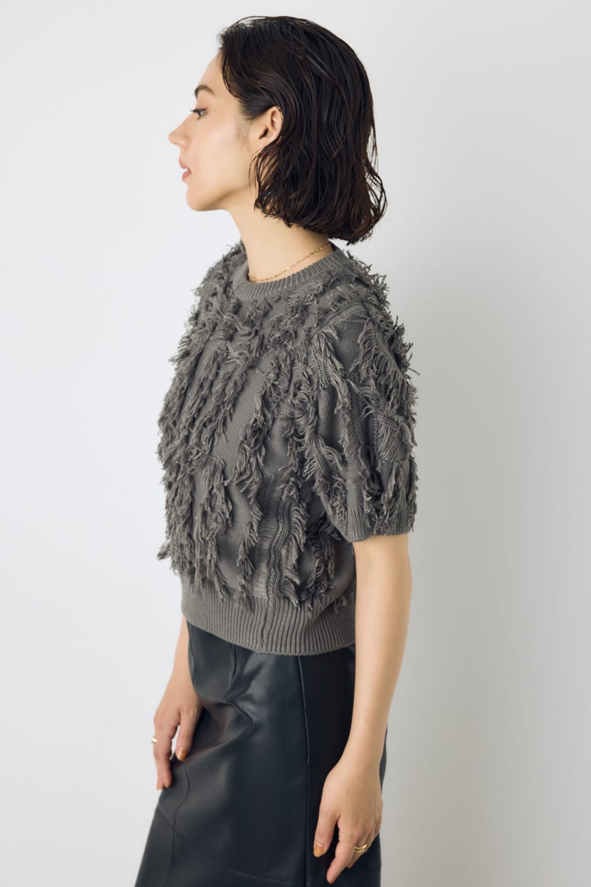 フリンジデザイン5分袖ニットトップス L/GRY FREE