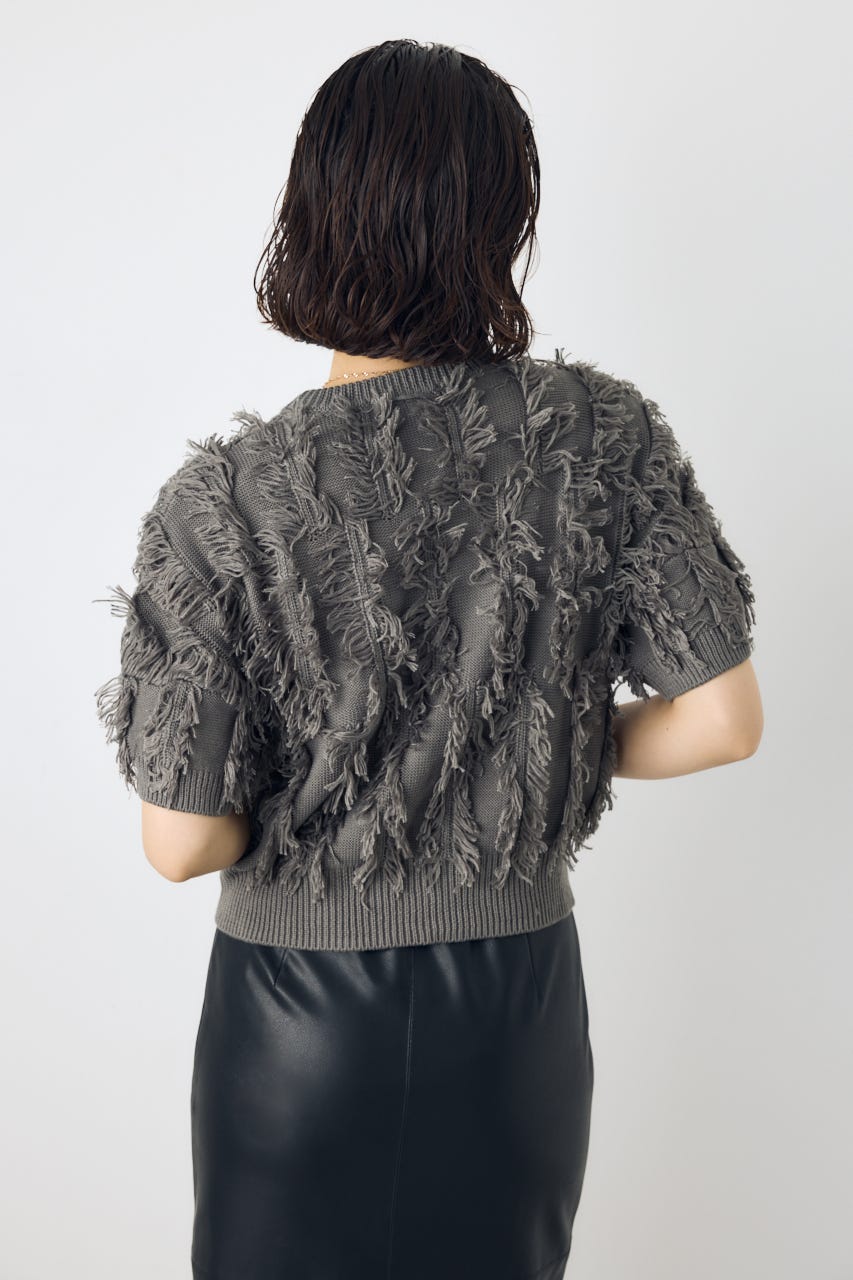 フリンジデザイン5分袖ニットトップス L/GRY FREE
