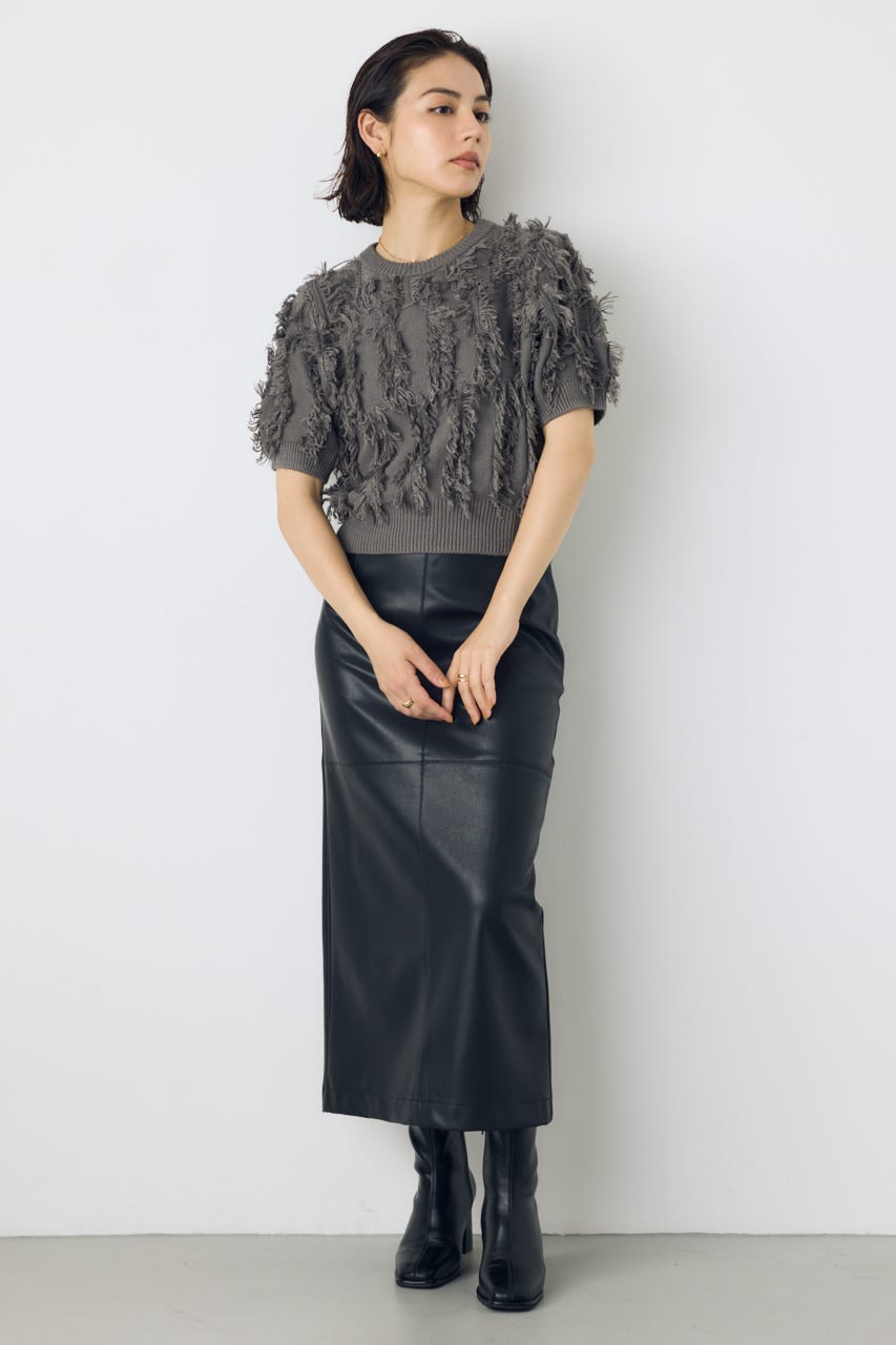フリンジデザイン5分袖ニットトップス L/GRY FREE