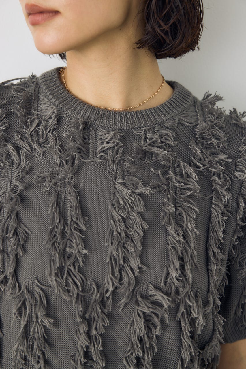 フリンジデザイン5分袖ニットトップス L/GRY FREE
