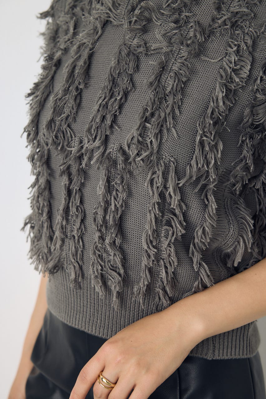 フリンジデザイン5分袖ニットトップス L/GRY FREE