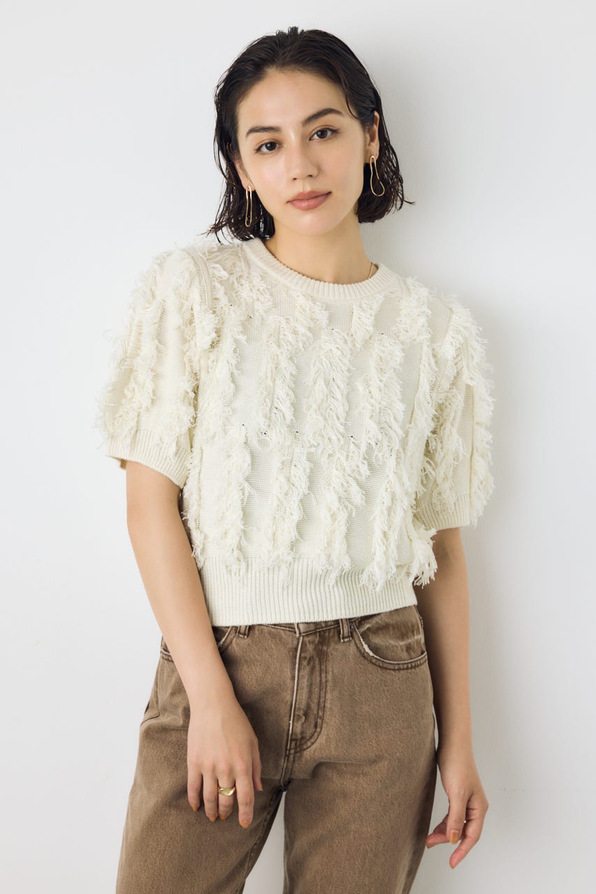 フリンジデザイン5分袖ニットトップス O/WHT FREE