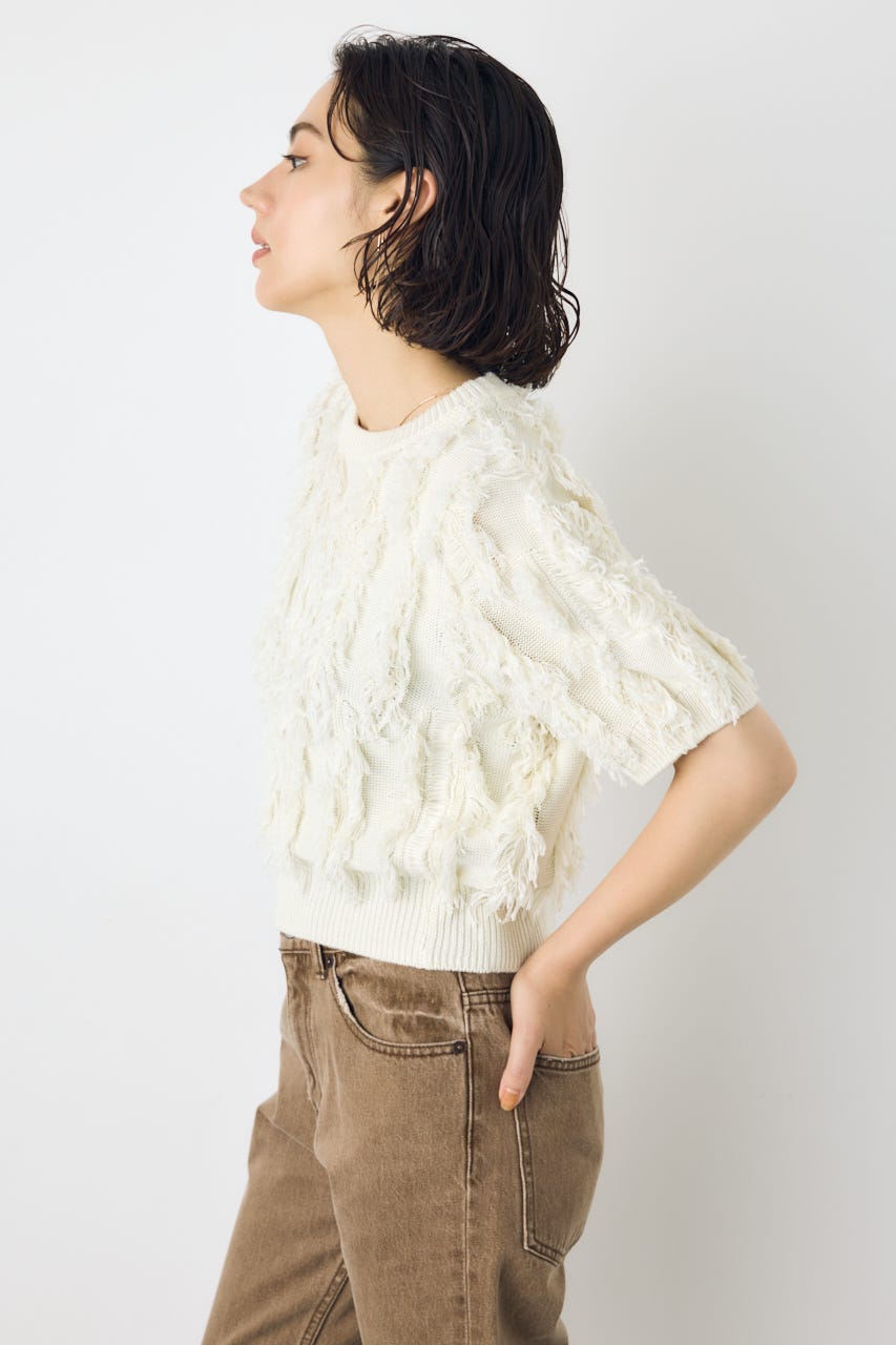 フリンジデザイン5分袖ニットトップス O/WHT FREE