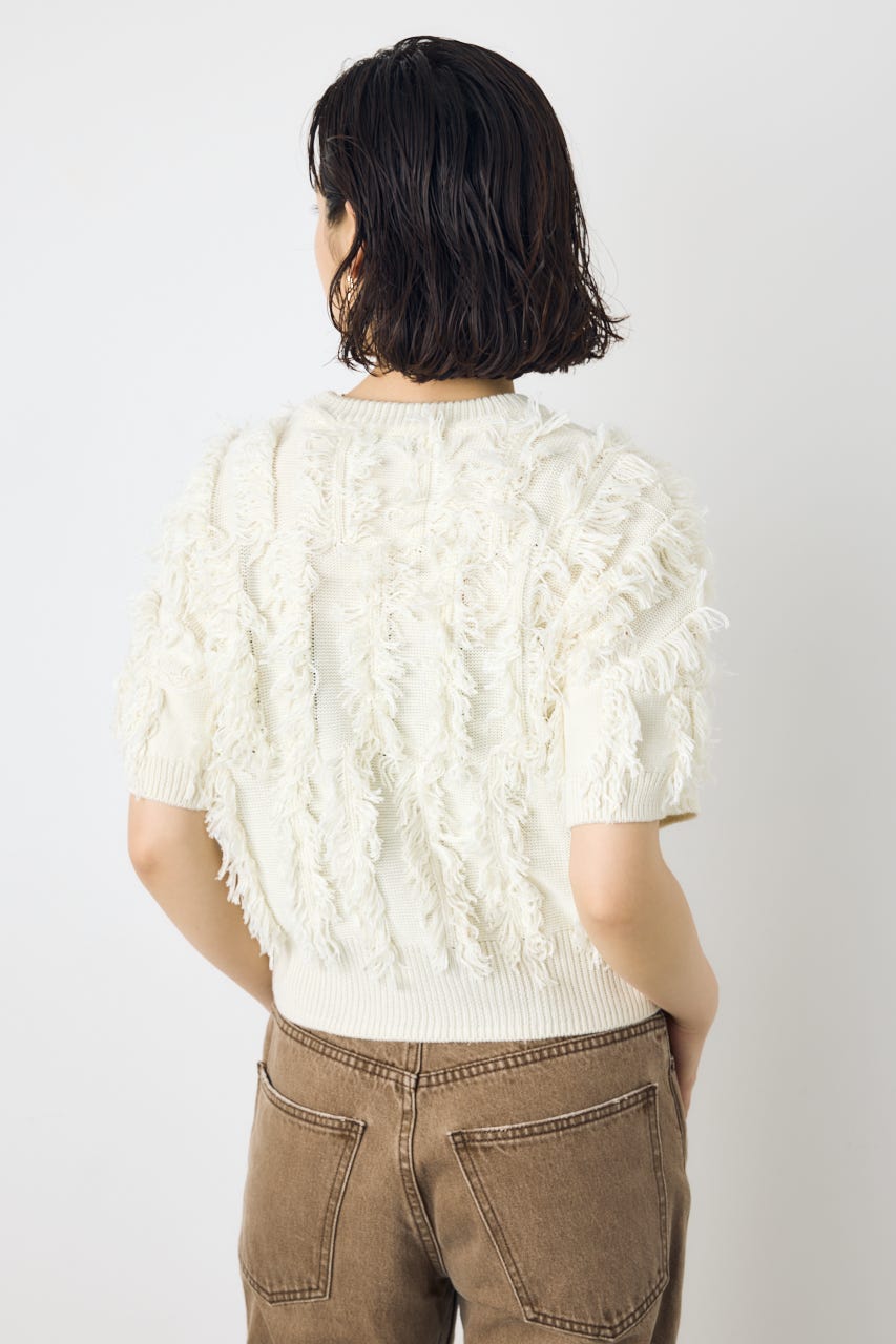 フリンジデザイン5分袖ニットトップス O/WHT FREE