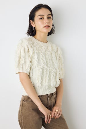 フリンジデザイン5分袖ニットトップス