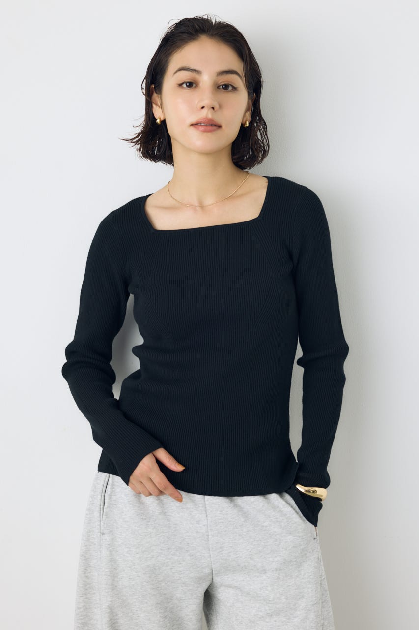 【AW先行アイテム】スクエアネックリブニット BLK M