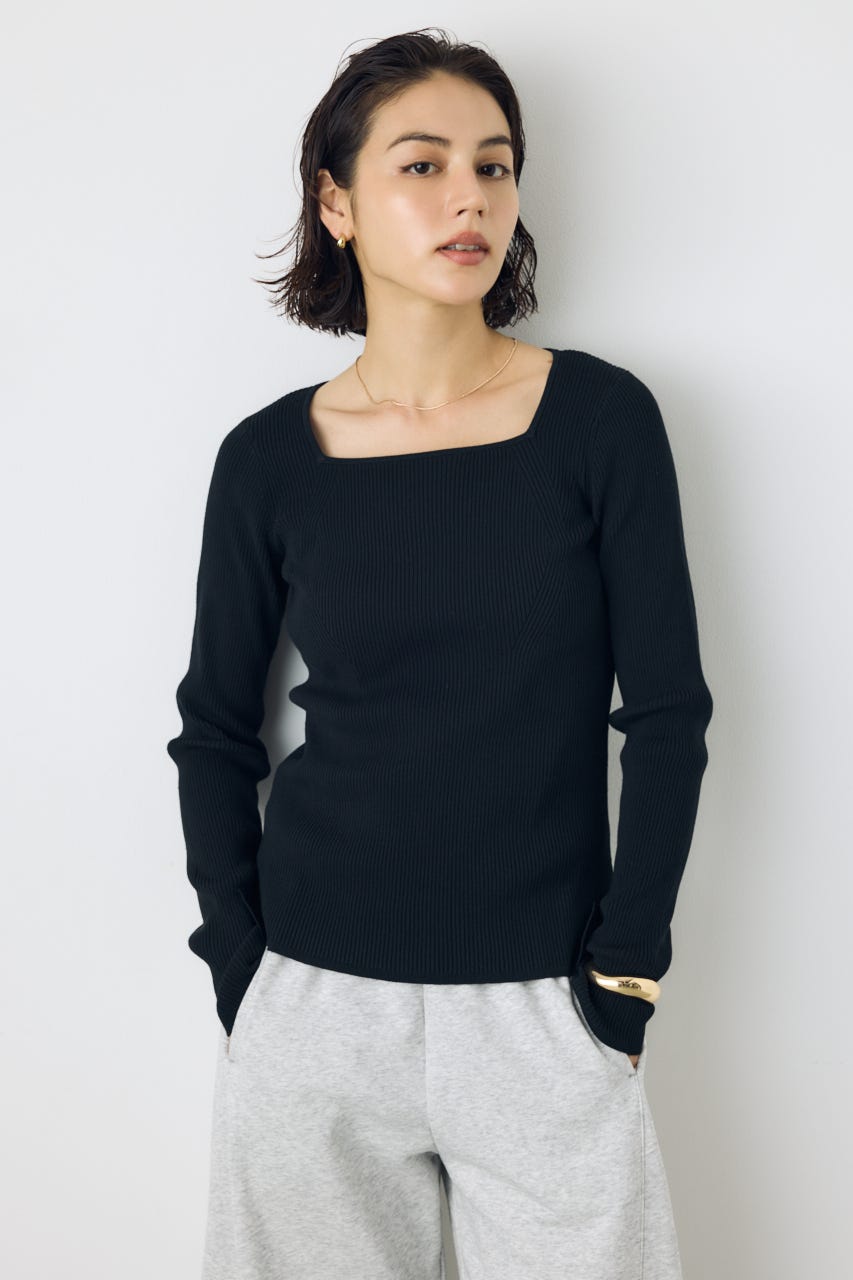 【AW先行アイテム】スクエアネックリブニット BLK M