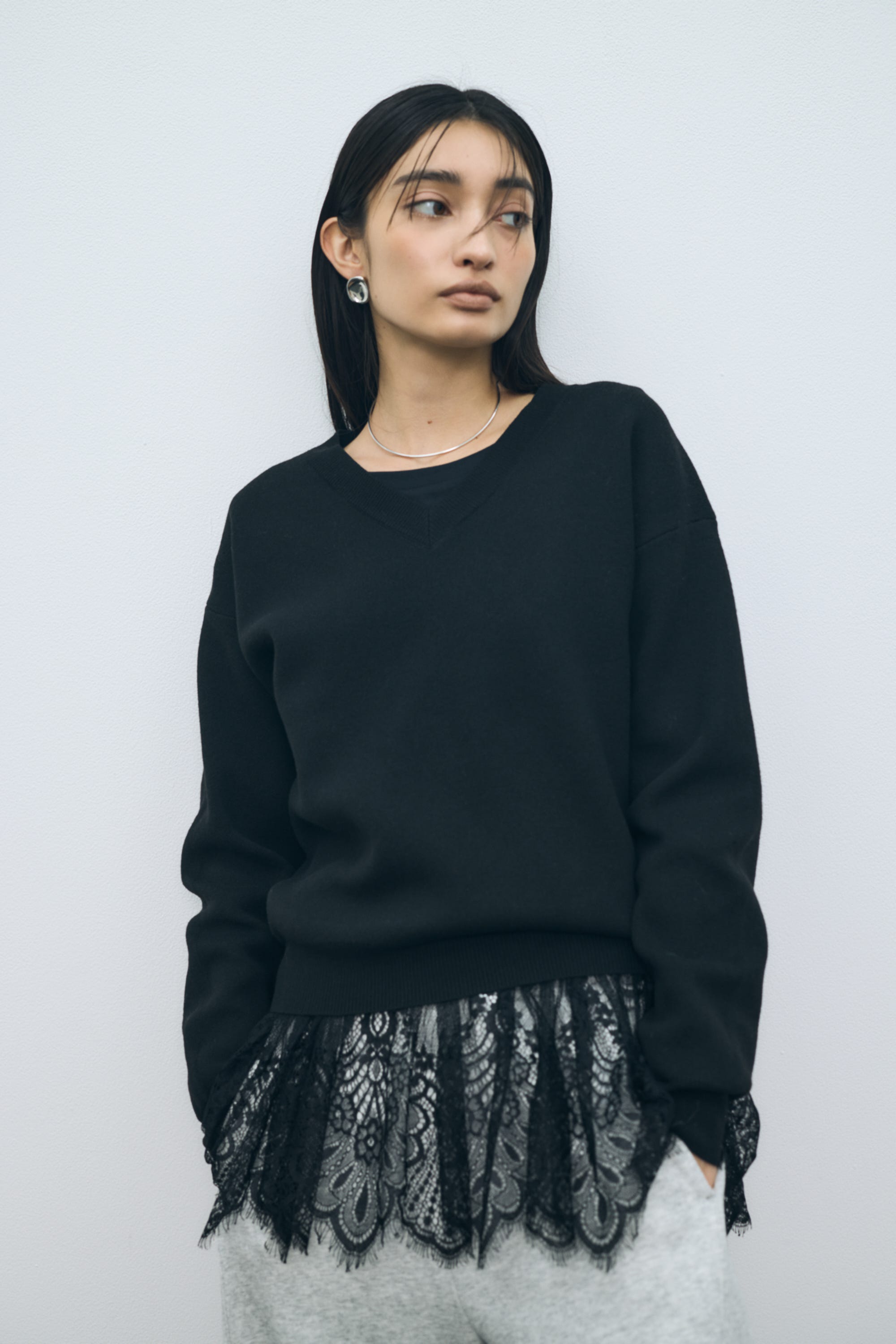 【AW先行アイテム】【着丈バリエ】格上げVネックニット BLK S