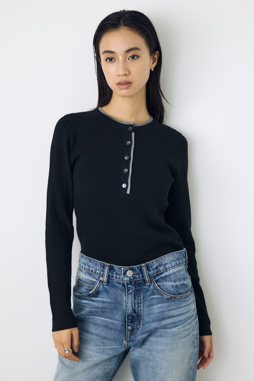【AW先行アイテム】格上げ ヘンリーネックデザインニットトップス BLK FREE