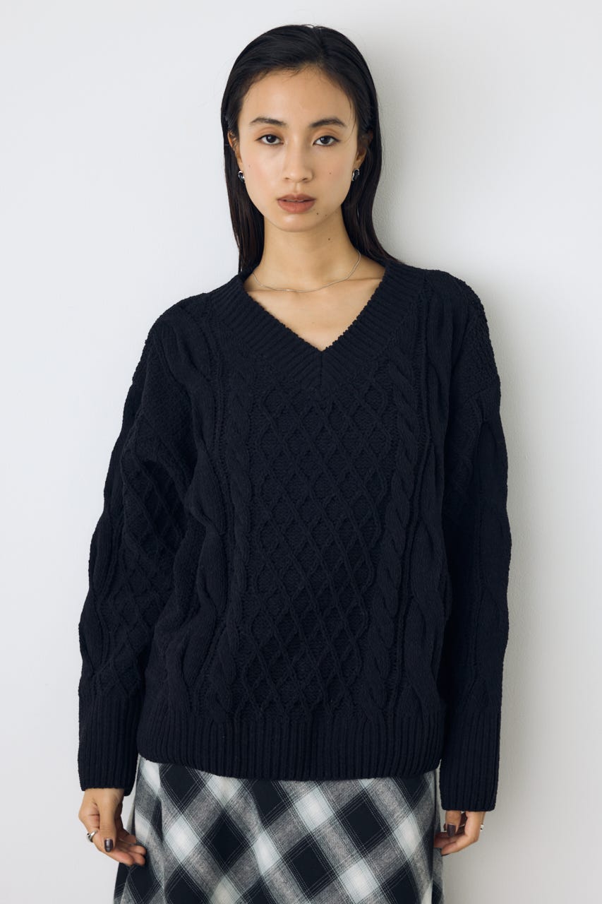 【AW先行アイテム】【ぬくもち】着丈バリエVネックニット BLK S