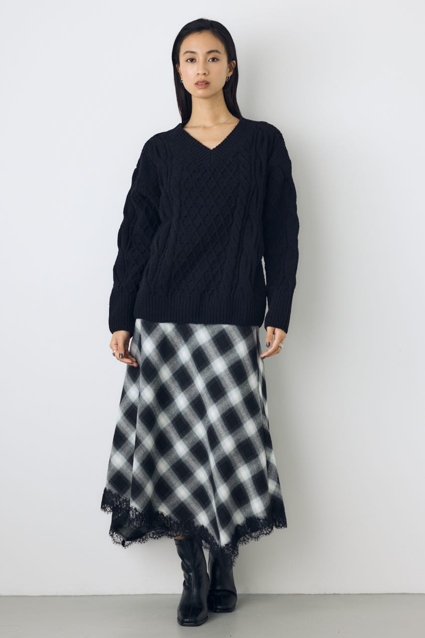 【AW先行アイテム】【ぬくもち】着丈バリエVネックニット BLK S