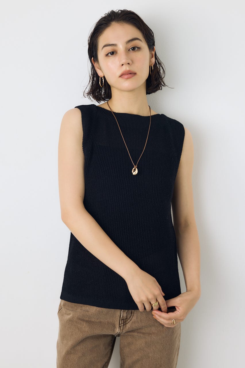 リネンライク畔編みノースリーブニットトップス BLK M
