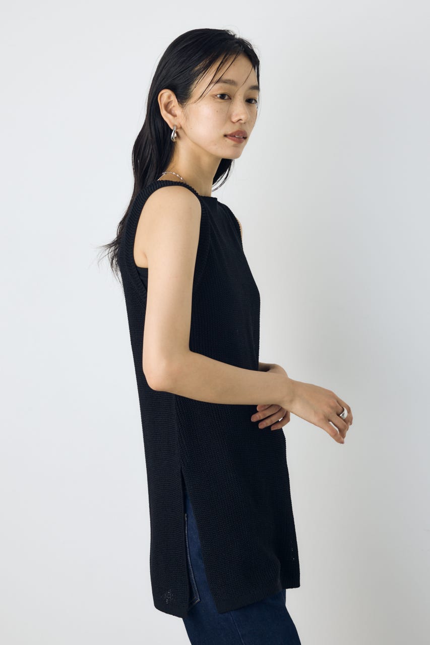 【着丈バリエ】リネンライク畔編みノースリーブニットトップス BLK M