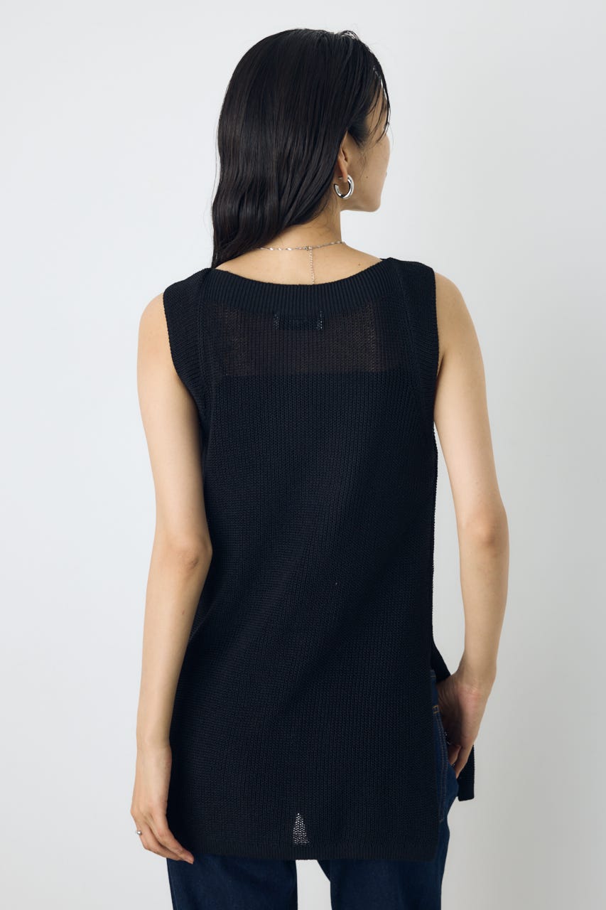 【着丈バリエ】リネンライク畔編みノースリーブニットトップス BLK M