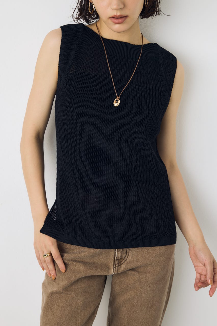 リネンライク畔編みノースリーブニットトップス BLK M