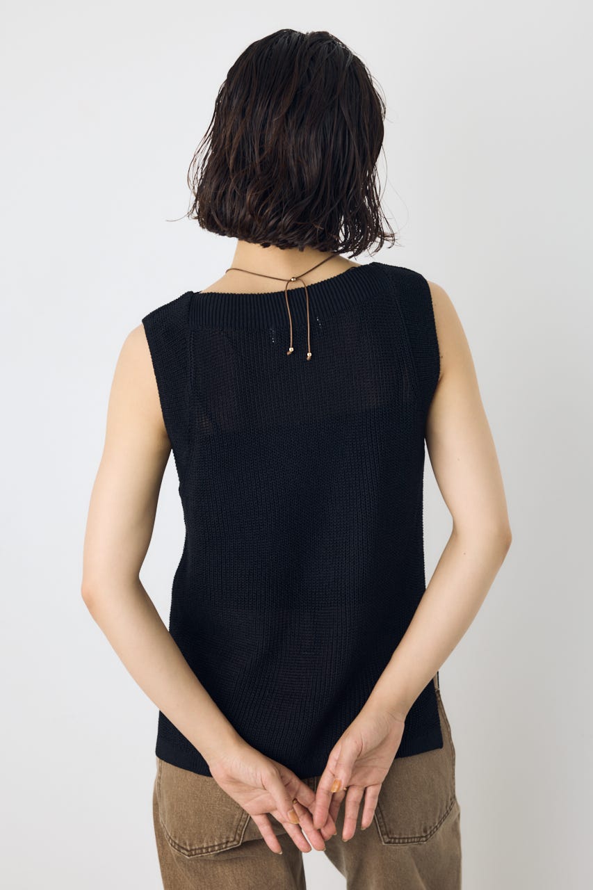 リネンライク畔編みノースリーブニットトップス BLK M