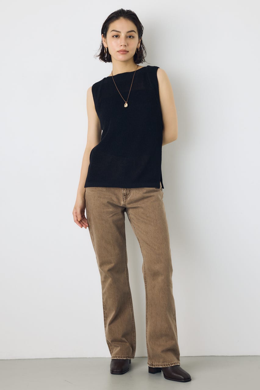 リネンライク畔編みノースリーブニットトップス BLK M