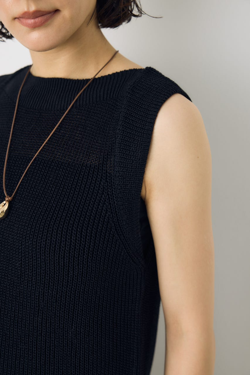 リネンライク畔編みノースリーブニットトップス BLK M