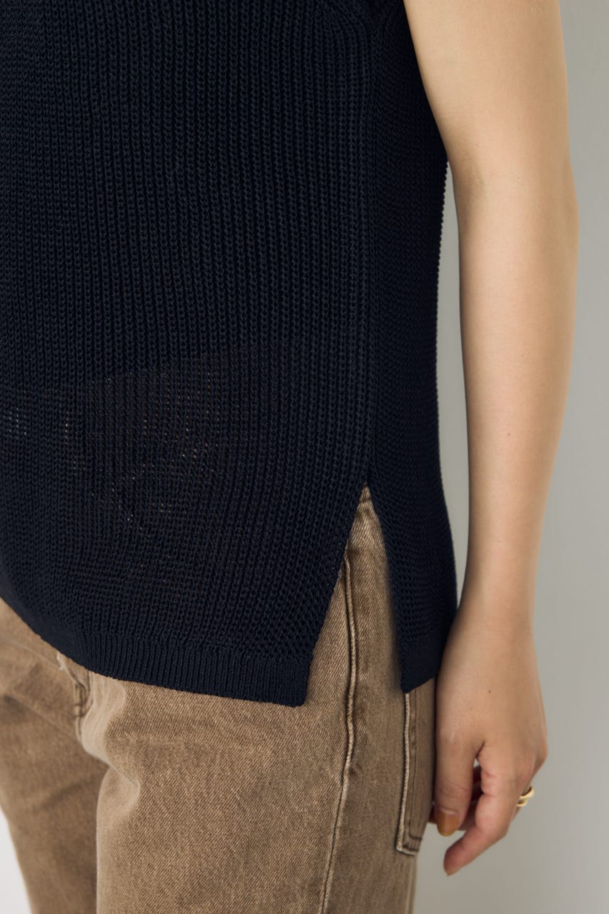 リネンライク畔編みノースリーブニットトップス BLK M