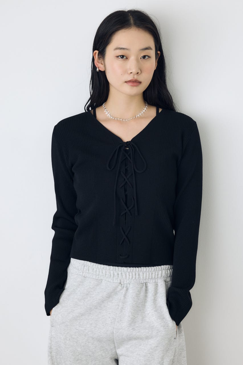 フェイクレイヤードレースアップニット BLK FREE
