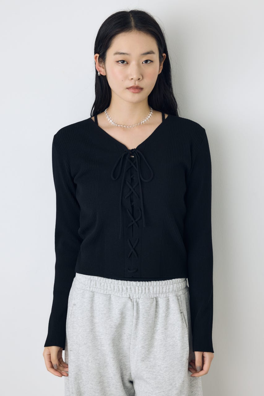 フェイクレイヤードレースアップニット BLK FREE